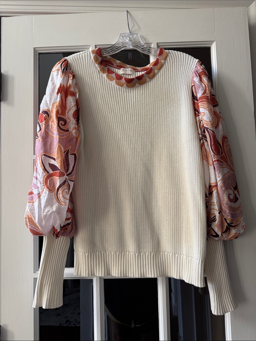 Fate Cream Knit Top with Pink and Orange Floral Puff Sleeves